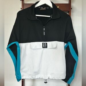 DKNY Sport Women’s Medium Black White Teal  Quarter Zip Pullover Adjustable